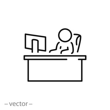 man working on computer icon, business person at the office desk, thin line web symbol on white background - editable stroke vector illustration eps 10