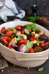 Oven Roasted Vegetables: zucchini, eggplant, tomatoes, paprika. Ratatouille is a rustic dish of...