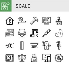Set of scale icons such as Thermometer, Temperature, Measuring tape, Ruler, Resize, Eyewitness, Responsive, Hula hoop, Hot water, Muscle, Seesaw, Scale, Diet, Measuring , scale