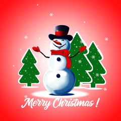 Snowman with a scarf and a hat. Snowman on a red background. Christmas card. Vector snowman with the words Merry Christmas.