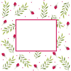 Square frame on a white background with pink flowers and green leaves. Use for invitations, greetings, birthdays and weddings.