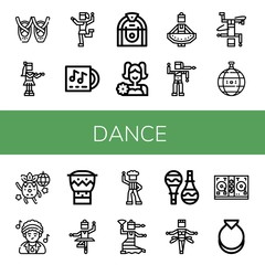 Set of dance icons such as Ballet, Hula, Traditional dance, Lp, Jukebox, Cheerleader, Regional dance, Bollywood, Breakdance, Disco ball, Dancing, Disco, Bongo, Flamenco ,