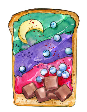 Sandwich sweet ice cream chocolate jam berries banana isolated watercolor illustration