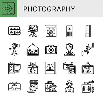 Set of photography icons such as Focus, Touristic, Camera, Studio, Sticks, Film roll, Picture, Photographer, Instant camera, Wedding photo, Polaroid, Camera bag , photography