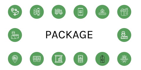 Set of package icons such as Floral design, Chocolate, Truck, Crisps, Production, Gift, Ship, Yogurt, Warehouse, Price tag, Surprised, Delivery man , package