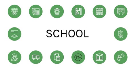 Set of school icons such as Mortarboard, Calculator, Owl, Bookshelf, Building, Reading, Writer, Bus, Equalizer, Bookstore, Diploma, Education, Canvas , school