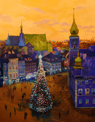 Beautiful winter urban landscape old csquare and walking people . Europe. Oil painting on canvas. - 294476434