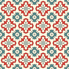 Fototapeta na wymiar Ancient mosaic wallpaper with floral motif. Eclectic ceramic tile ornament. Ethnic style seamless surface pattern.