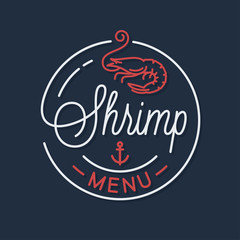 Shrimp menu logo. Round linear logo of shrimp shop