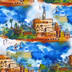 seamless pattern of landscape - Mediterranean Sea, Watercolor. Old town - 294476850