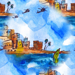 seamless pattern of landscape - Mediterranean Sea, Watercolor. Old town - 294476885