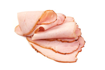 Smoked pork loin slices, isolated on white background