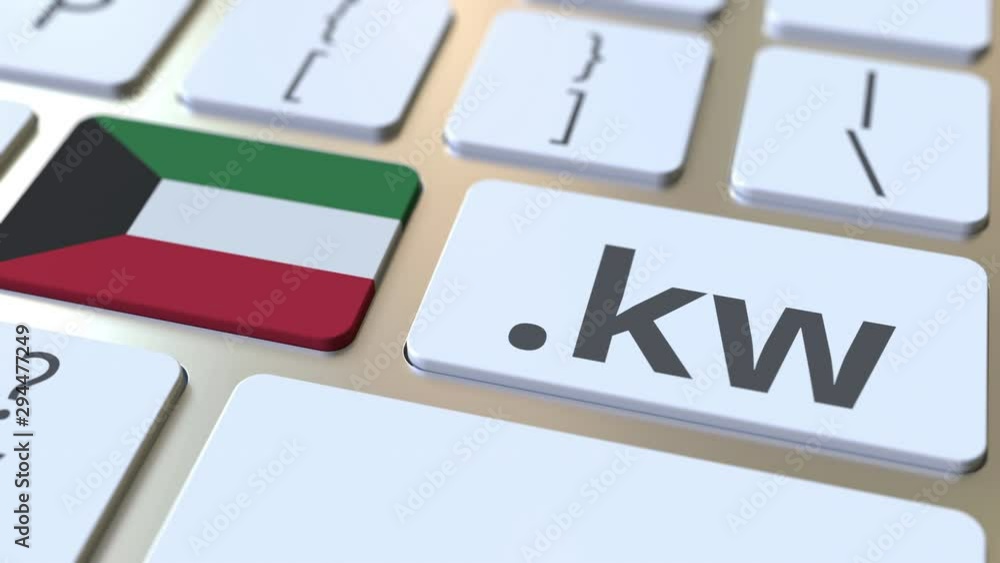 Poster kuwaiti domain .kw and flag of kuwait on the buttons on the computer keyboard. national internet rel