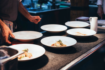 Professional chef serving food on plates