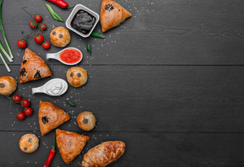 Assorted Uzbek food set, pilaf, samsa, lagman, manta, shurpa Uzbek restaurant concept, Uzbek