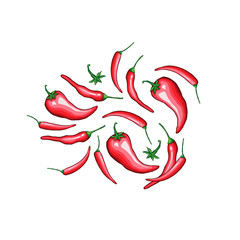 Chili pepper hand drawn vector illustrations set. Traditional mexican food ingredient cartoon symbols pack. Natural spicy vegetables, tasty organic spices. Delicious cayenne, red jalapeno