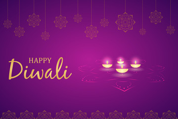 Fototapeta na wymiar Happy Diwali, festival of lights of India with golden diya and hanging rangoli on top. Candles lying on background of a patterned flower mandala. Vector illustration.