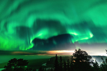 View of brilliant green Aurora shining over Swedish foggy forest landscape in mountains, light rays...