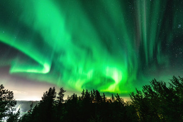 View of brilliant green Aurora shining over Swedish foggy forest landscape in mountains, light rays from a village and Northern Lights color sky in different soft colors, Northern Sweden, Scandinavia