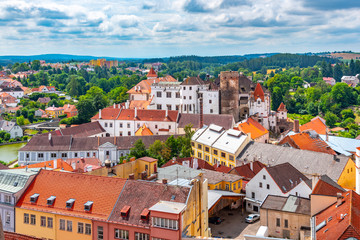 Aerial view of Jindrichuv Hradec from church tower, Czech Republic