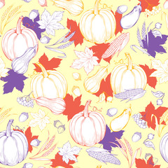 Thanksgiving pattern in sketch style with pumpkins, autumn maple leaves and apples. Seamless vintage background texture. Vector harvest backdrop for fall season design.