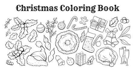 Christmas hand drawn vector illustrations set. Traditional winter holiday, xmas, new year celebration symbols pack. Santa hat, mistletoe, caramel sticks, champagne and presents monochrome drawings