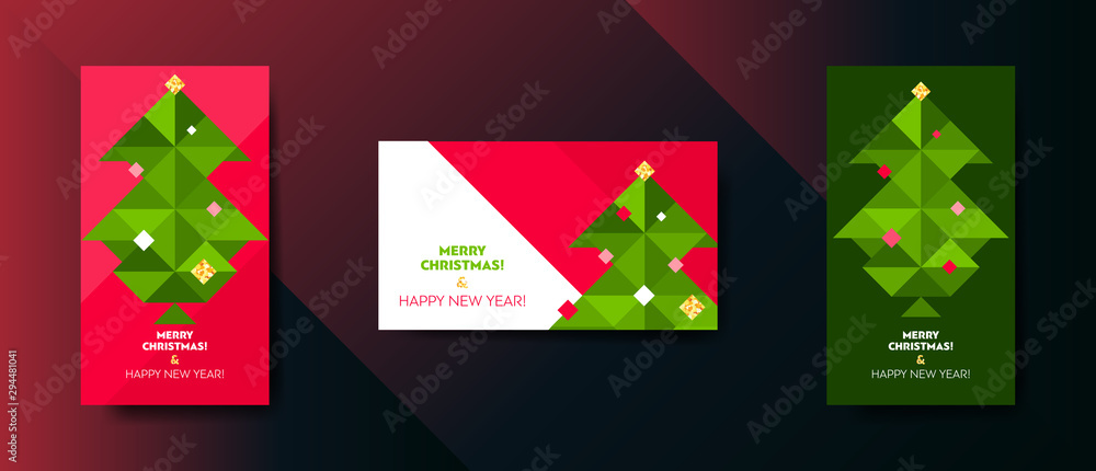 Poster set of three color holiday templates with abstract christmas tree, graphic elements and text.