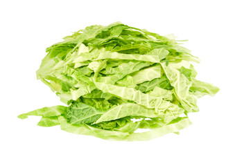 Chopped savoy cabbage isolated on white background.