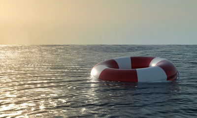 Naklejka premium Lifebuoy in ocean - 3D render illustration. Emergency lifesaver buoy in water. Saving Lives - social advertising poster with copy space. Lifeguard equipment with rope floating in sea. lifeguard day