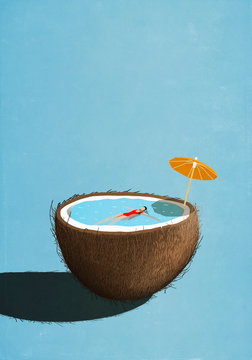 Illustration of woman swimming in tropical coconut pool