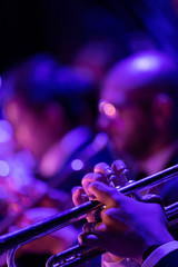 A musician playing a trumpet by holding it tight during a big band performance with purple and blue...