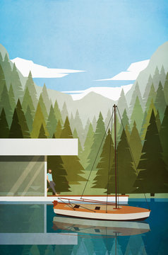 Illustration of man leaning on lakeside house