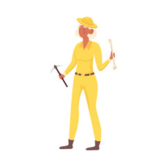Woman archaeologist in yellow clothing holding ancient bone vector illustration