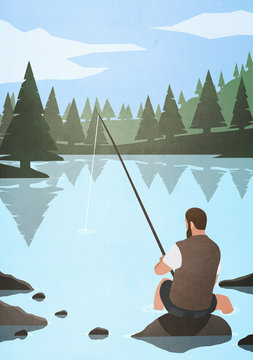 Illustration of man fishing in lake