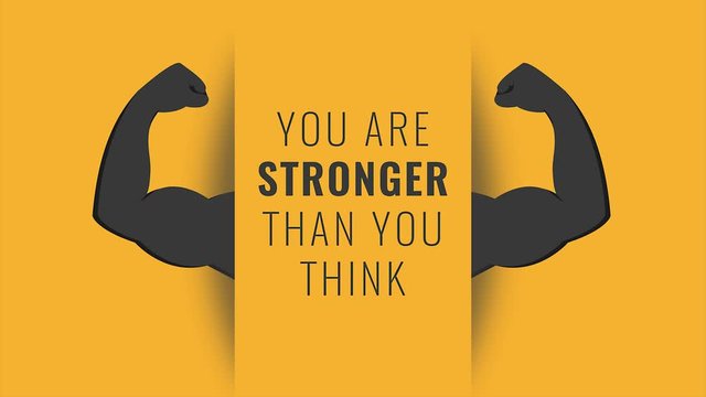 "You are stronger than you think" inspirational motion graphics. Bodybuilder flexing strong muscular build arms. Seamless loop cartoon 2d animation. Perfect for bodybuilding and fitness clubs.