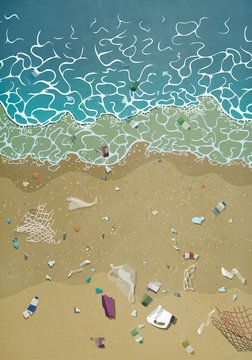 Litter washing up on ocean beach
