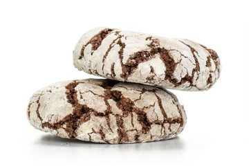 Group of two whole homemade baked chocolate brownie cookie isolated on white background