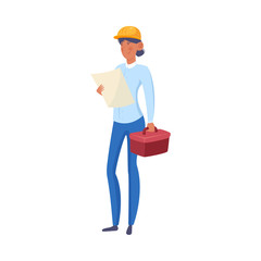 Woman builder holding tools and document in hands vector illustration