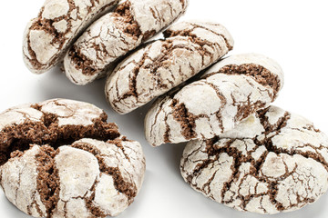 Lot of whole baked chocolate brownie cookie isolated on white background
