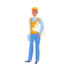 Man builder holding plans and documents in hands vector illustration