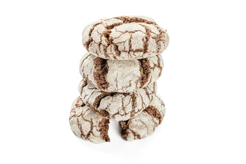 Group of three whole two halves of baked chocolate brownie cookie isolated on white background