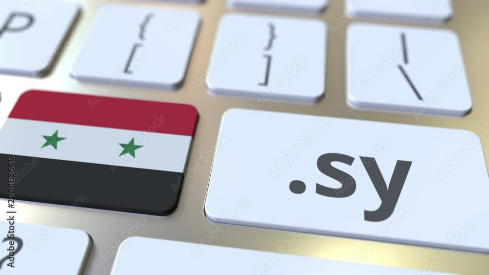 Poster syrian domain .sy and flag of syria on the buttons on the computer keyboard. national internet relat