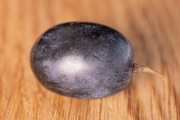 One whole fresh black grape on natural wood