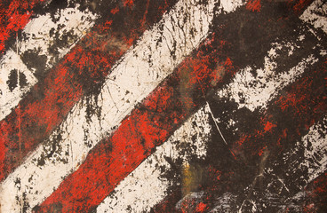 Striped damaged texture with cracks and white-red stripes.Post-apocalyptic background with colorful...