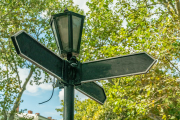 Street sign with a place to write on the background of the sky and trees close-up