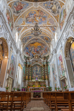 ACIREALE, ITALY - APRIL 11, 2018: The nave of baroque church Chiesa di San Camillo with the frescoes by Pietro Paolo Vasta (1745 - 1750).