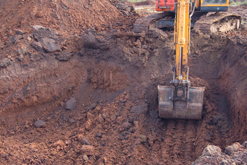  Crawler excavator bucket at a construction site. Earthwork. Special equipment for construction.