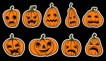 Set of halloween pumpkins, funny faces. Autumn holidays. Vector illustration