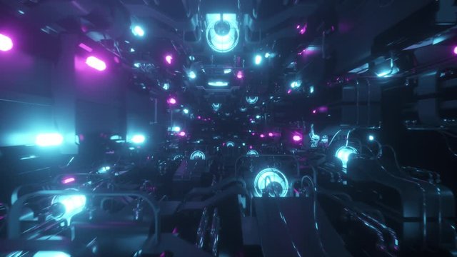 Flying in a technological space tunnel, fluorescent ultraviolet light, glowing neon light sources, endless corridor, blue-pink spectrum, modern colorful lighting. Seamless loop 3d render