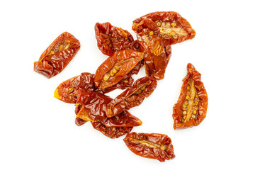Lot of slices of dry red cherry tomato flatlay isolated on white background